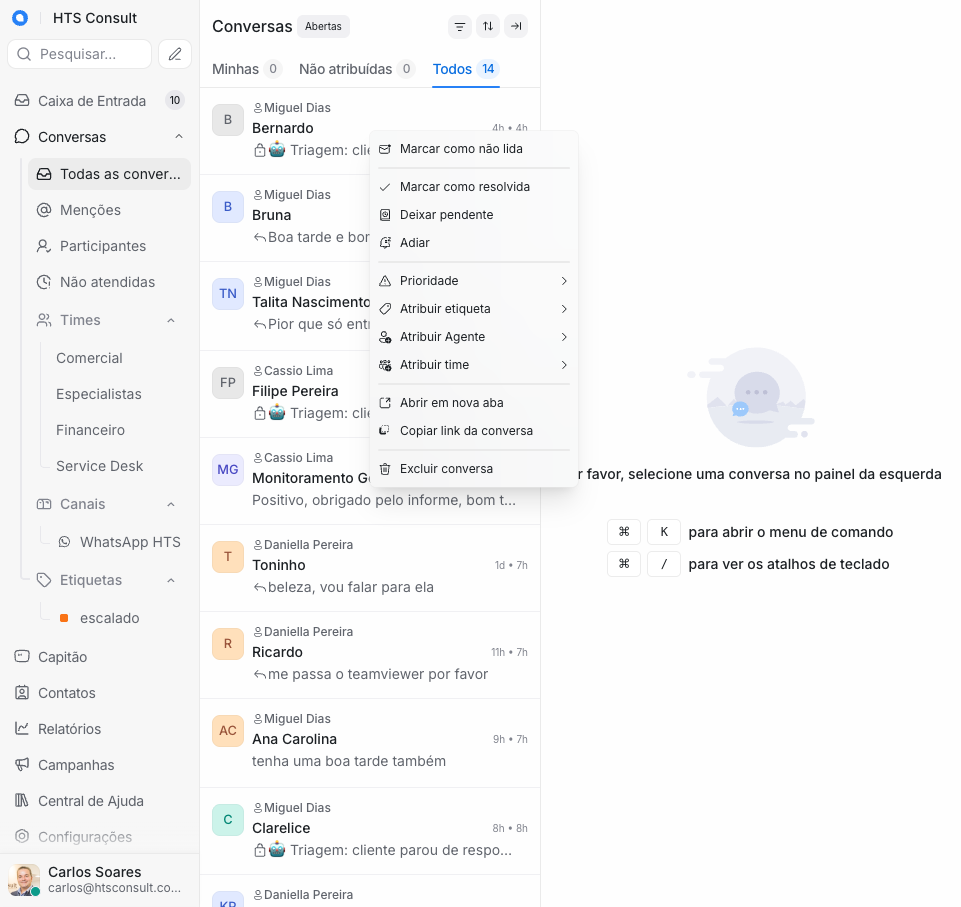 Menu do botão direito no Chatwoot